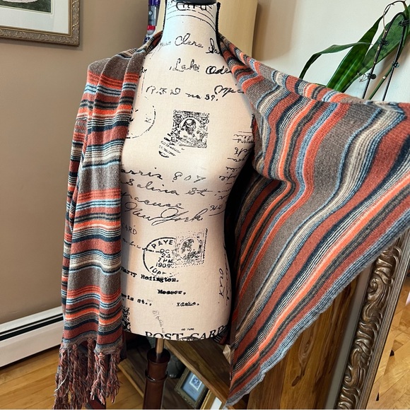 Boho Wrap Blanket Cardigan Tassel Hem Shawl Knit Sweater Rust Orange Brown Small - Picture 6 of 10